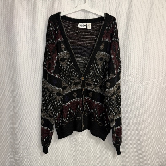 Piccadilly Sweaters - Vintage Piccadilly Geometric Knit Cardigan Sweater 2XL Tall Made In Korea Retro